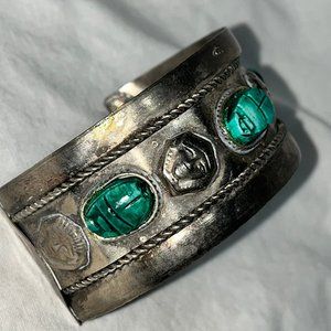 Vintage Silver Egyptian Revival Wide Large Scarab Blue/Green Turquoise Cuff
